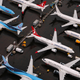 Boeing 737 Max airplanes sit parked at Boeing Field.